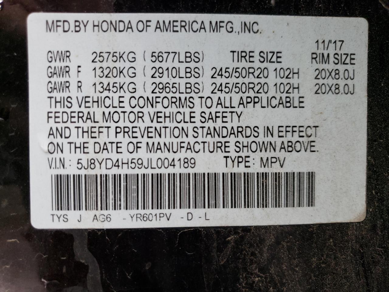 5J8YD4H59JL004189 2018 Acura Mdx Technology