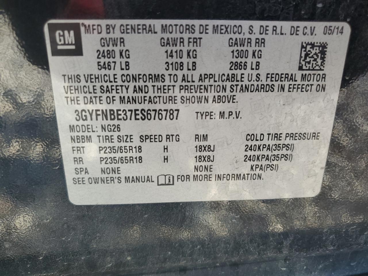 3GYFNBE37ES676787 2014 Cadillac Srx Luxury Collection