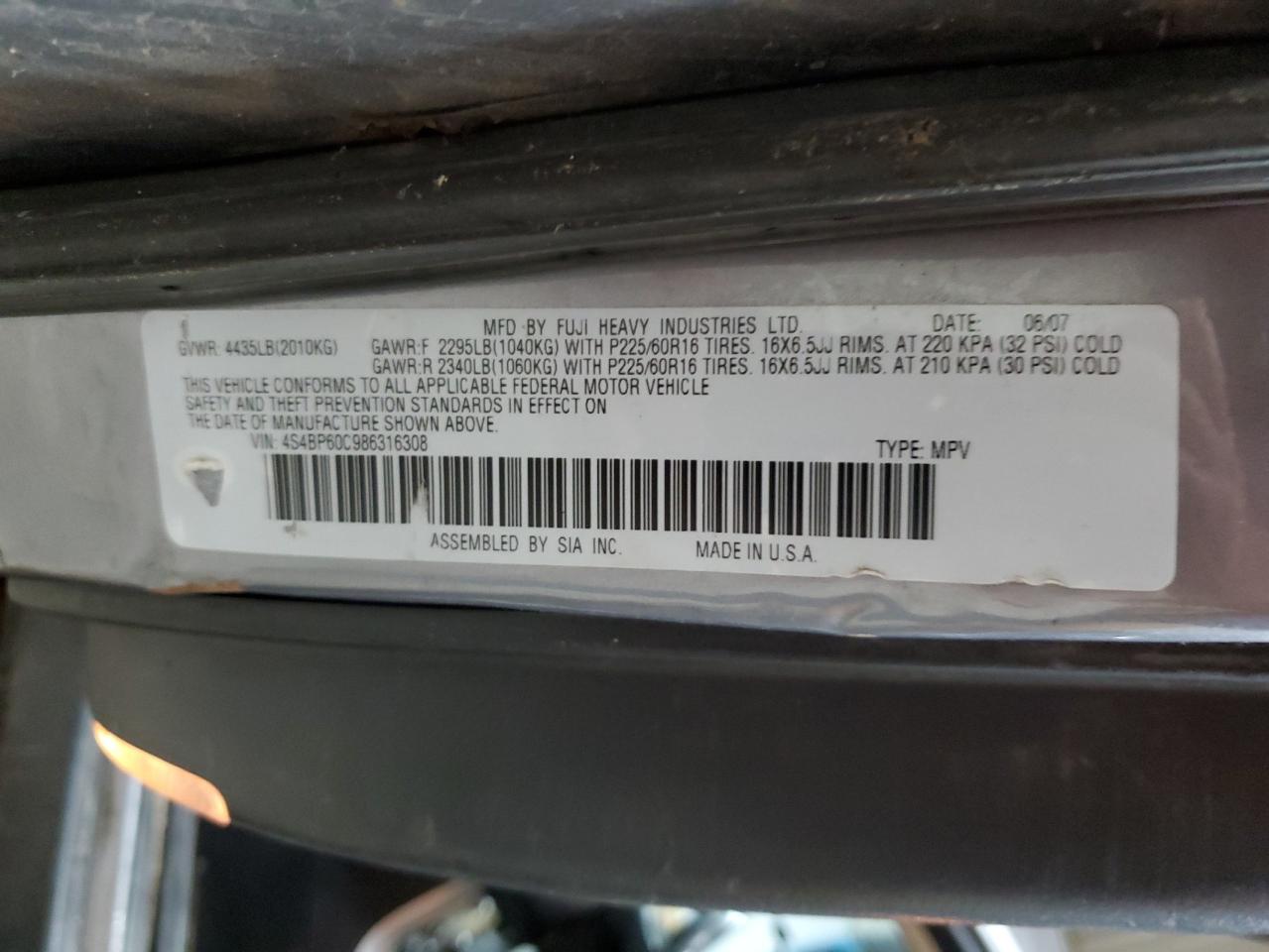 4S4BP60C986316308 2008 Subaru Outback