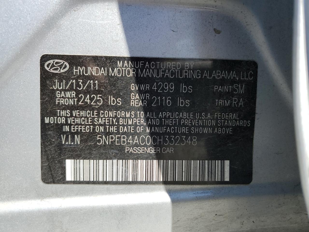 5NPEB4AC0CH332348 2012 Hyundai Sonata Gls