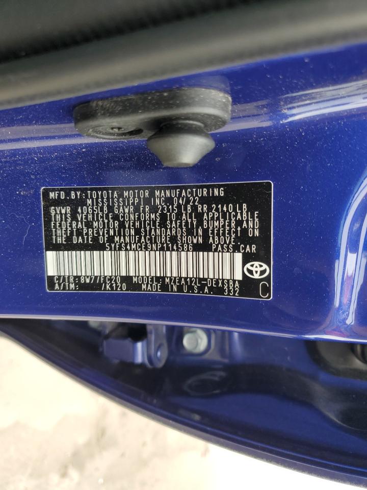 5YFS4MCE9NP114586 TOYOTA COROLLA 2022