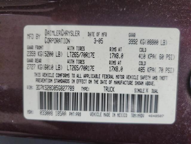 2005 Dodge Ram 2500 St VIN: 3D7KS28D85G827789 Lot: 61338744