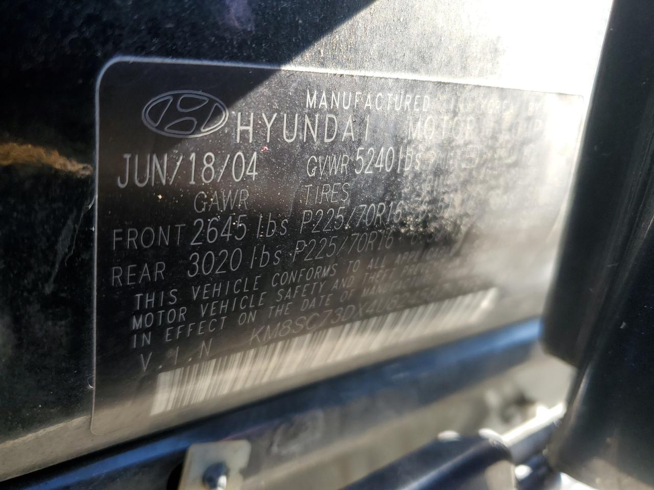 KM8SC73DX4U824587 2004 Hyundai Santa Fe Gls