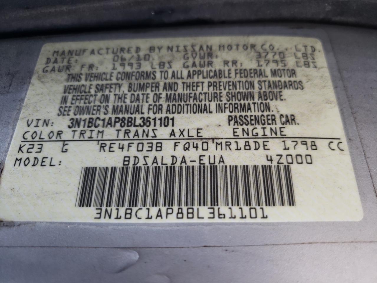 3N1BC1AP8BL361101 2011 Nissan Versa S