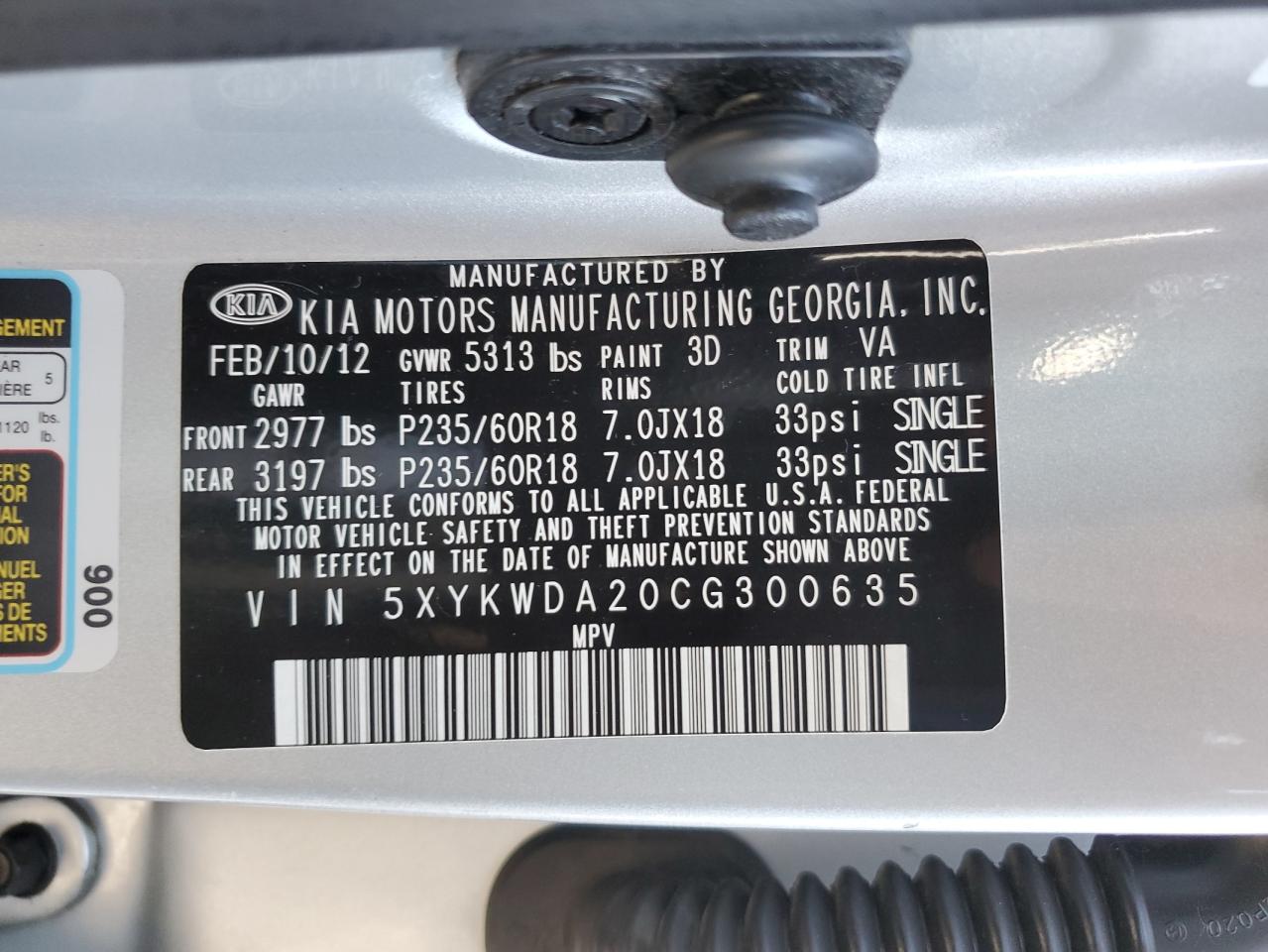 5XYKWDA20CG300635 2012 Kia Sorento Sx