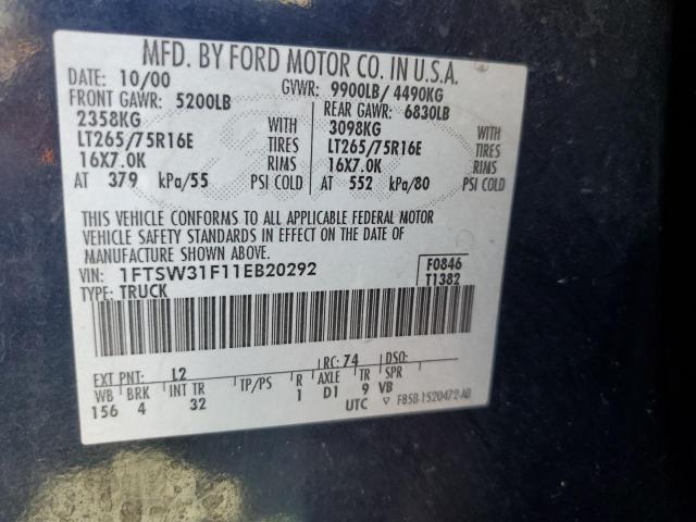 2001 Ford F350 Srw Super Duty VIN: 1FTSW31F11EB20292 Lot: 62100094