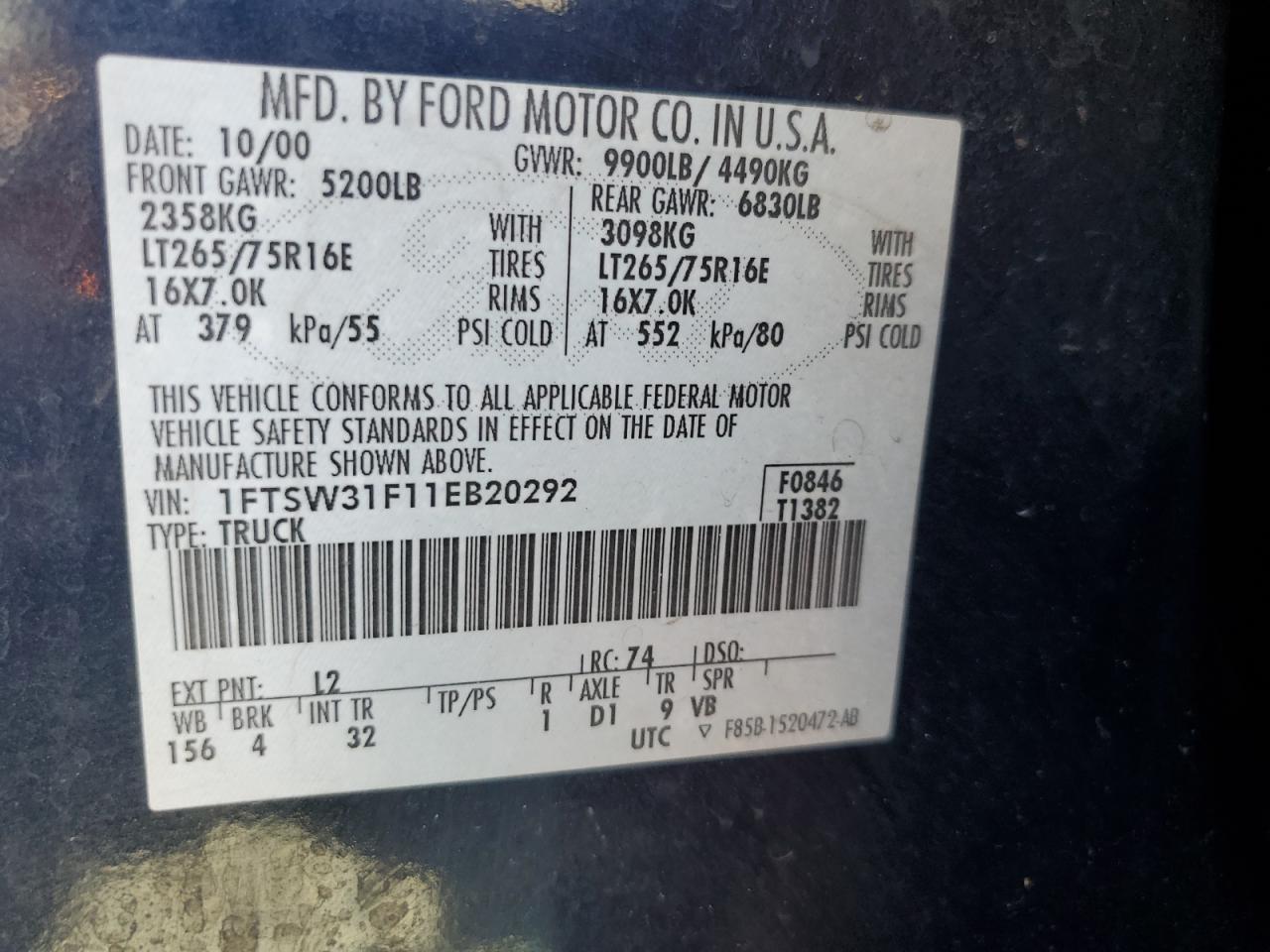 1FTSW31F11EB20292 2001 Ford F350 Srw Super Duty