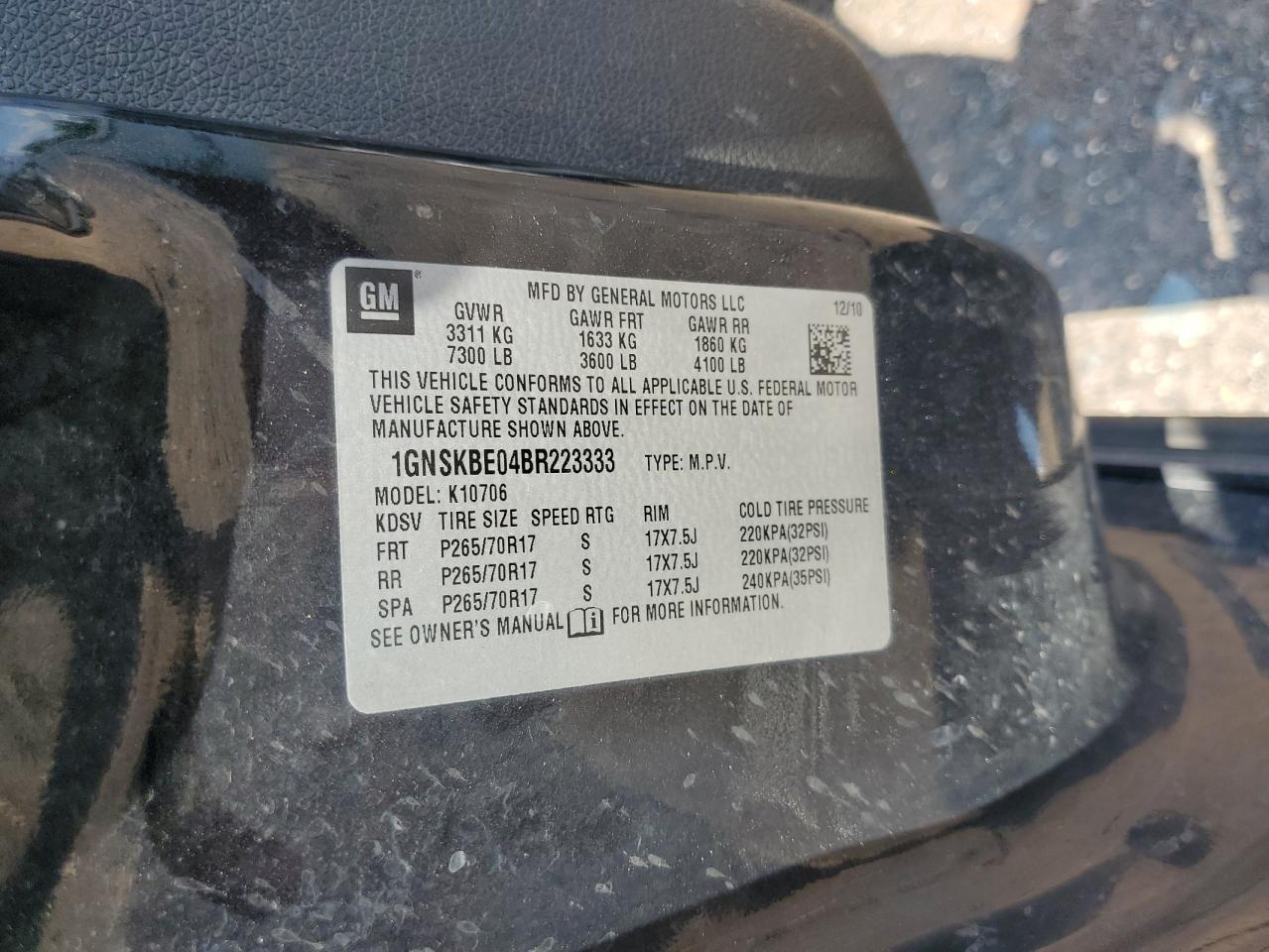 1GNSKBE04BR223333 2011 Chevrolet Tahoe K1500 Lt