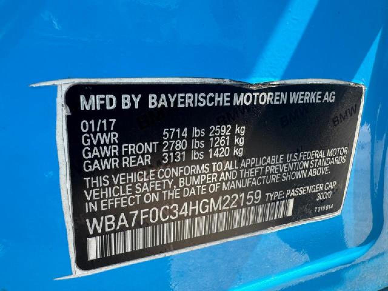 2017 BMW 750 I vin: WBA7F0C34HGM22159