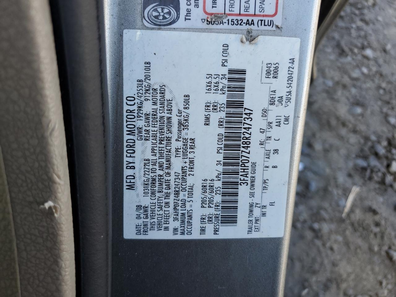 3FAHP07Z48R247347 2008 Ford Fusion Se
