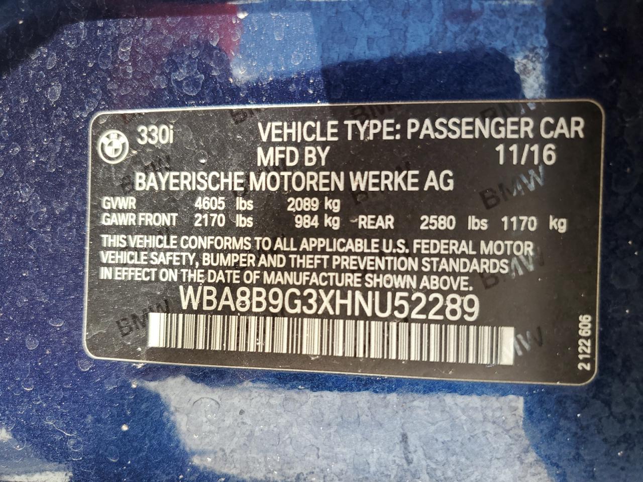 WBA8B9G3XHNU52289 2017 BMW 330 I