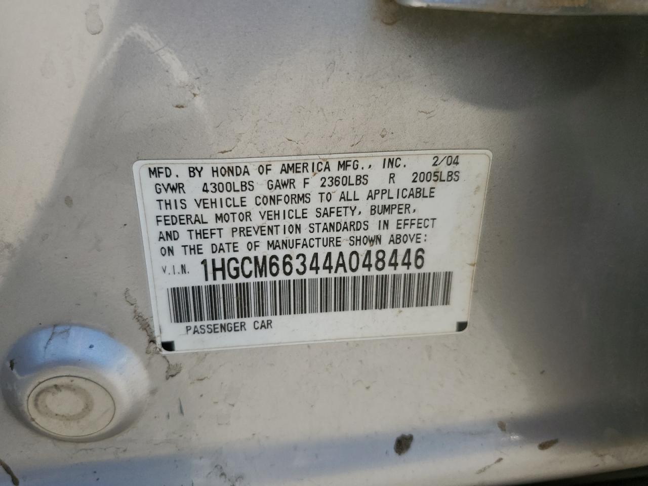1HGCM66344A048446 2004 Honda Accord Lx