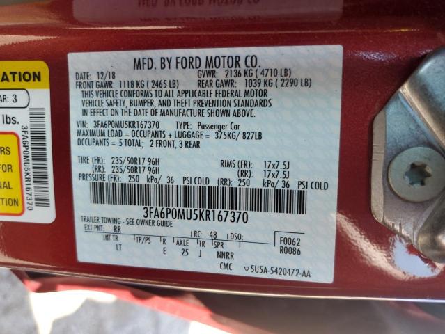 2019 Ford Fusion Sel VIN: 3FA6P0MU5KR167370 Lot: 62177724