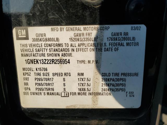 2002 Chevrolet Tahoe K1500 VIN: 1GNEK13Z22R256954 Lot: 62433054