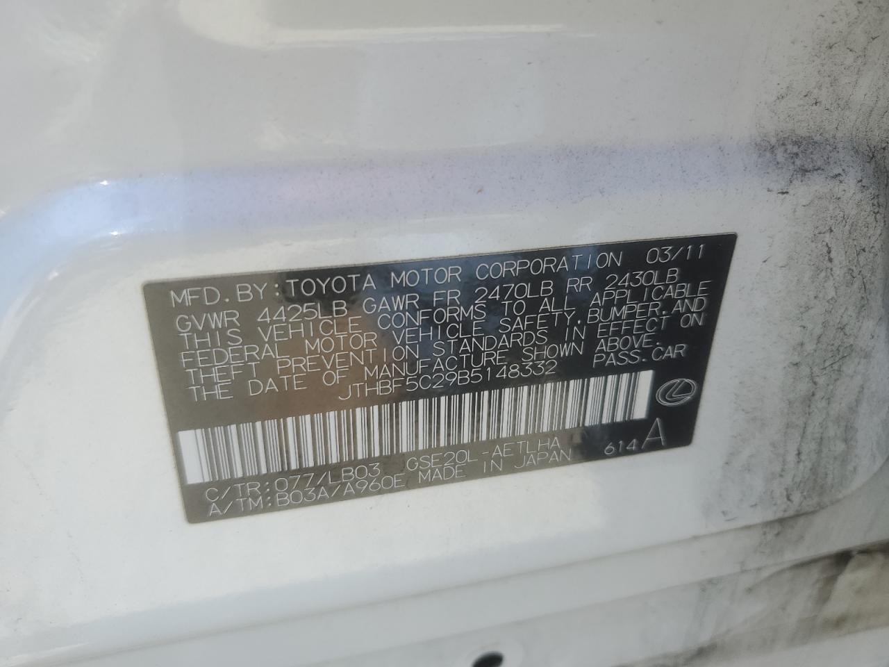 JTHBF5C29B5148332 2011 Lexus Is 250