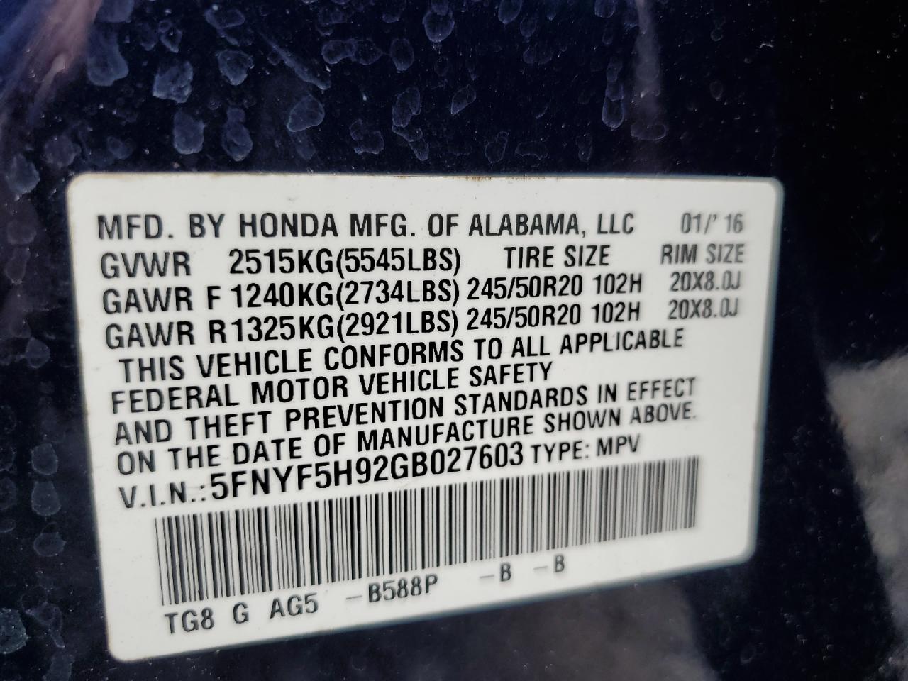 5FNYF5H92GB027603 2016 Honda Pilot Touring