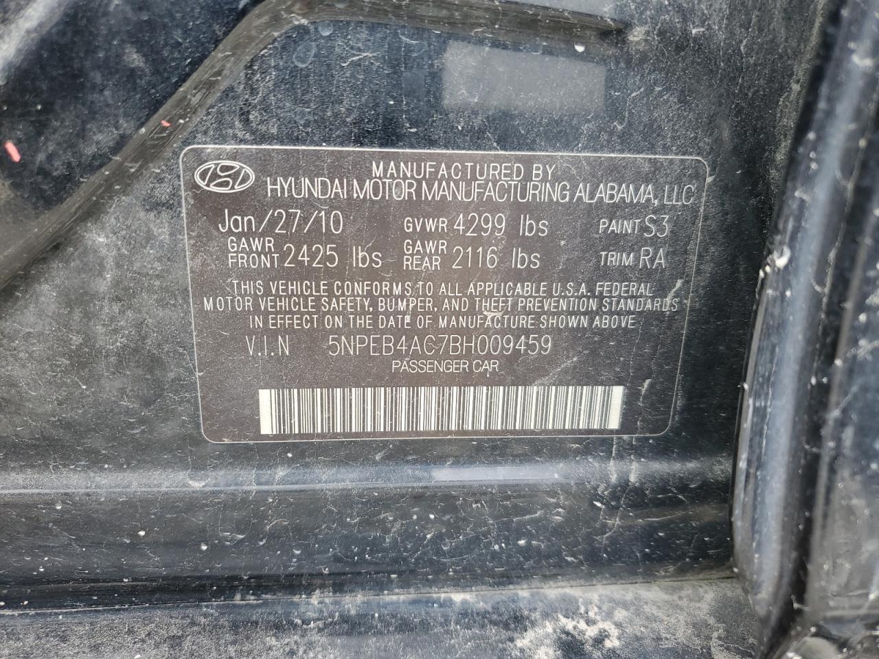 5NPEB4AC7BH009459 2011 Hyundai Sonata Gls