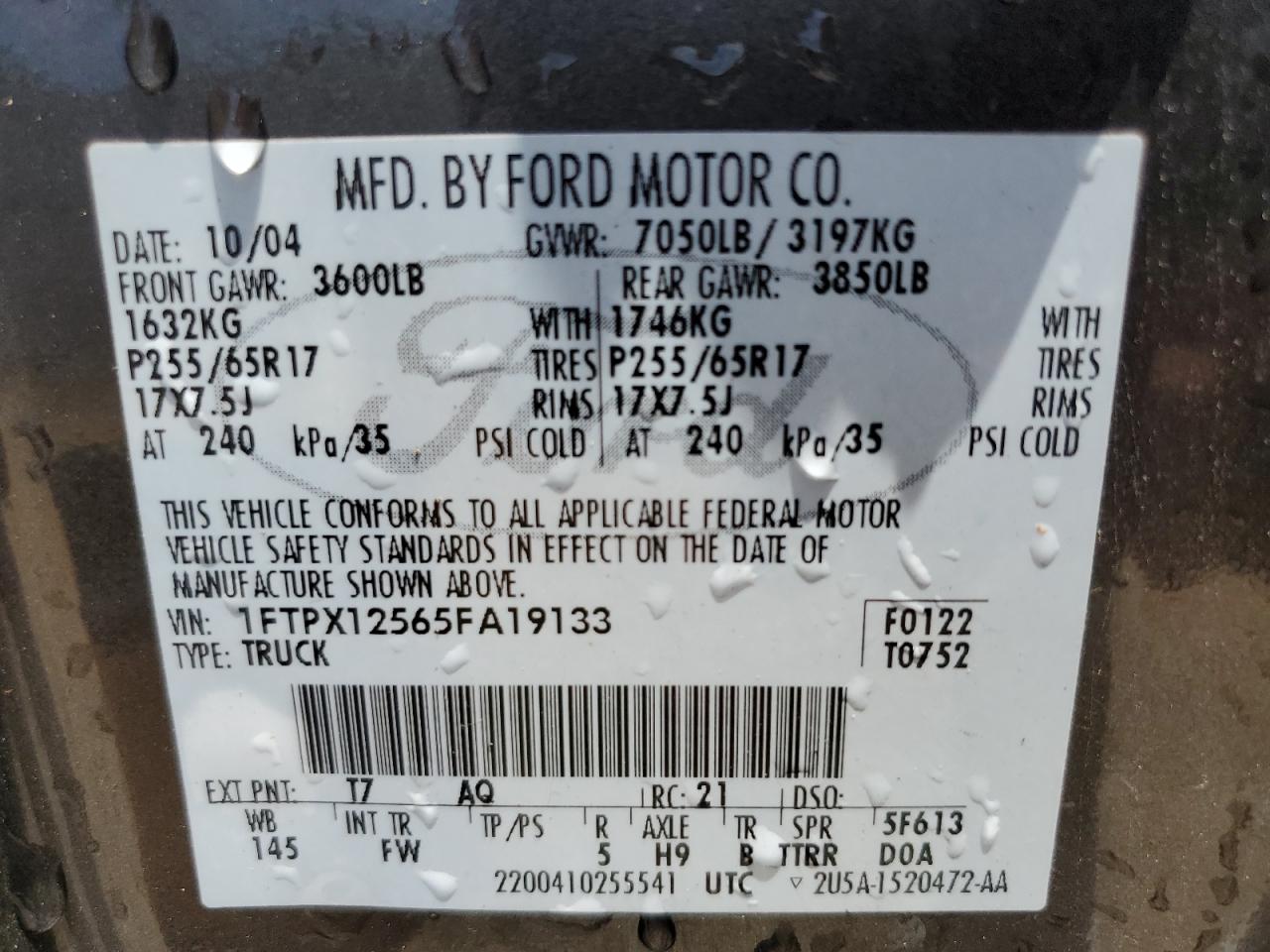 1FTPX12565FA19133 2005 Ford F150