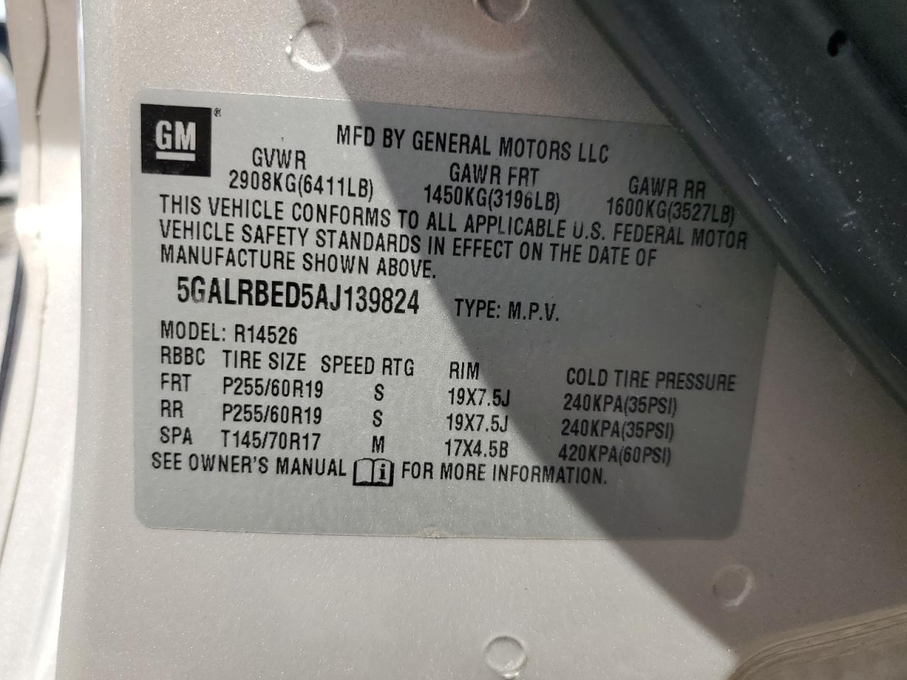 5GALRBED5AJ139824 2010 Buick Enclave Cxl