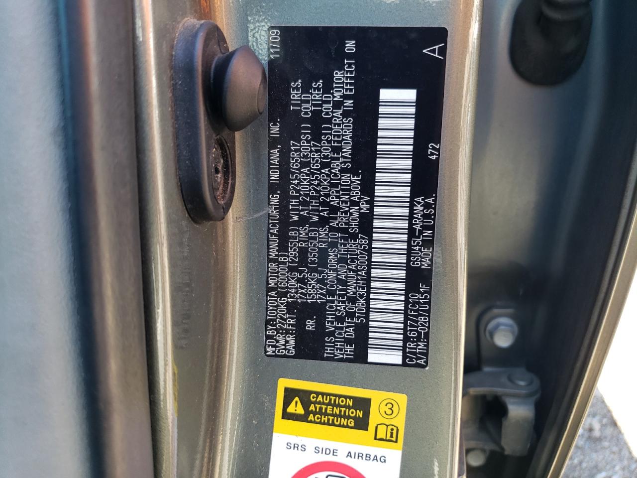 5TDBK3EH1AS007587 2010 Toyota Highlander