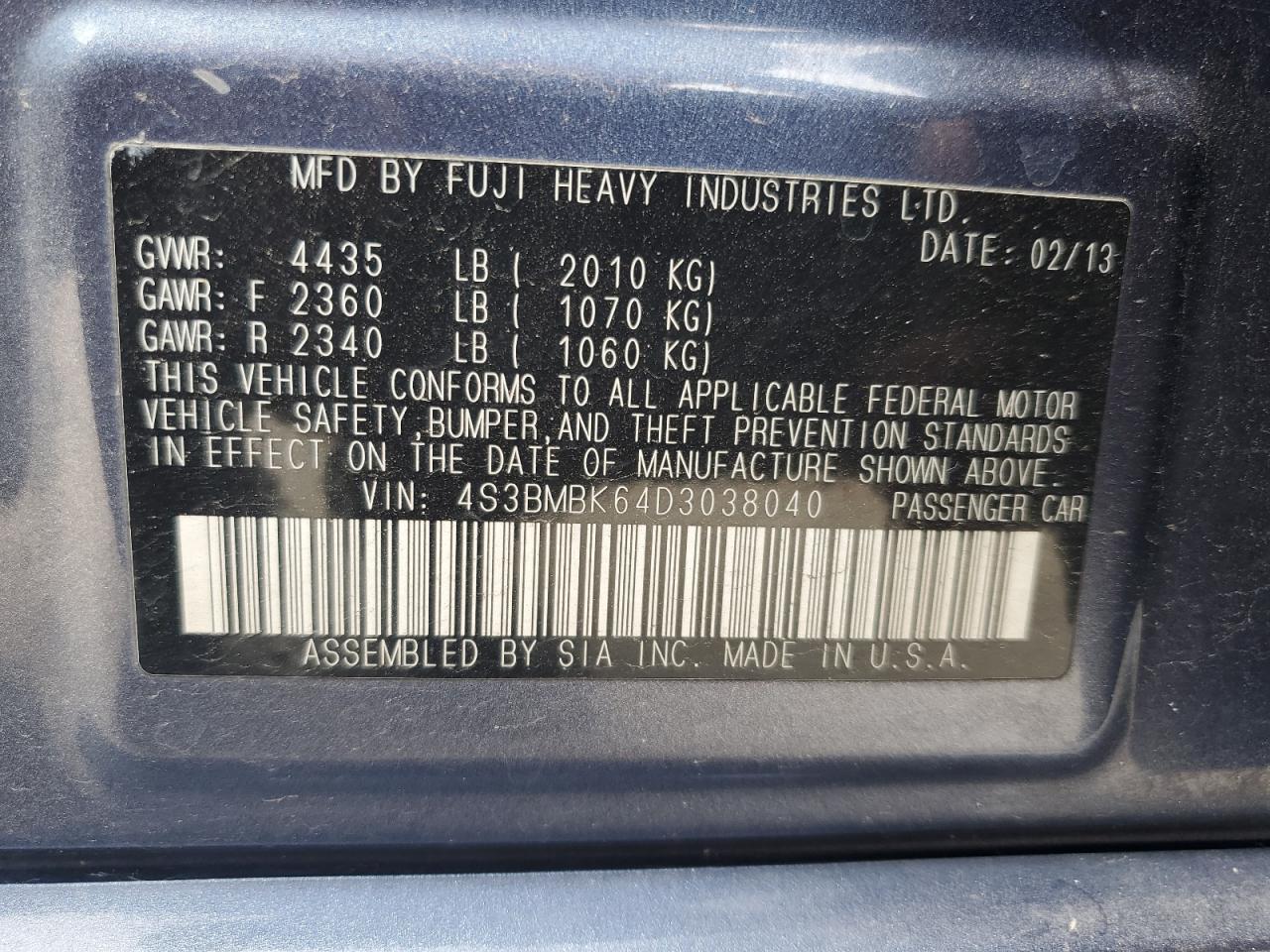 4S3BMBK64D3038040 2013 Subaru Legacy 2.5I Limited