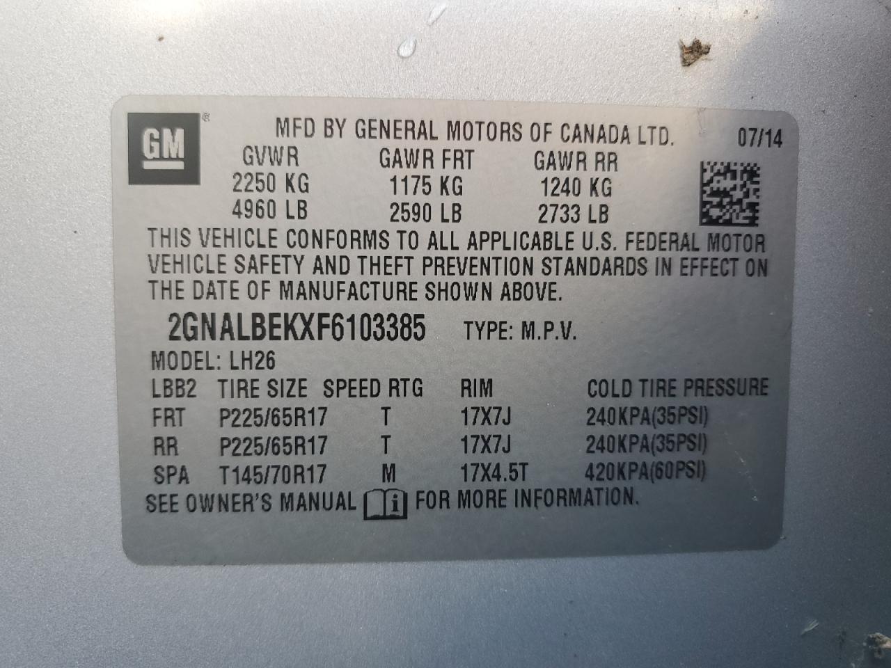 2GNALBEKXF6103385 2015 Chevrolet Equinox Lt