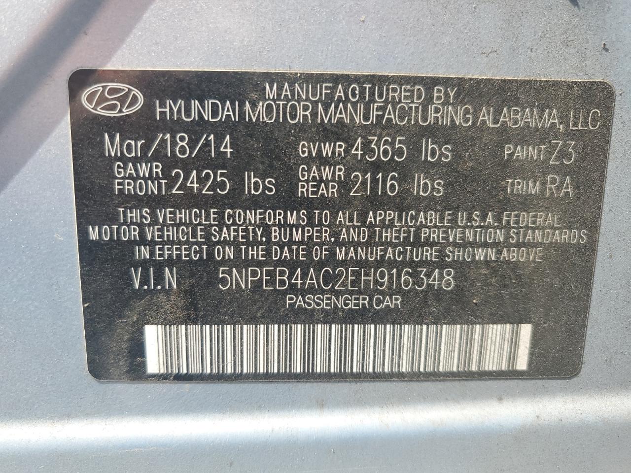 5NPEB4AC2EH916348 2014 Hyundai Sonata Gls
