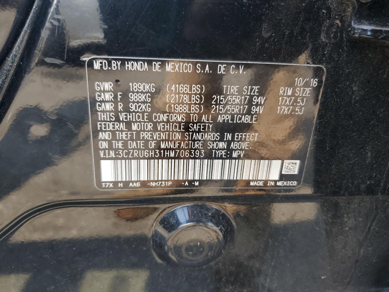 3CZRU6H31HM706393 2017 Honda Hr-V Lx