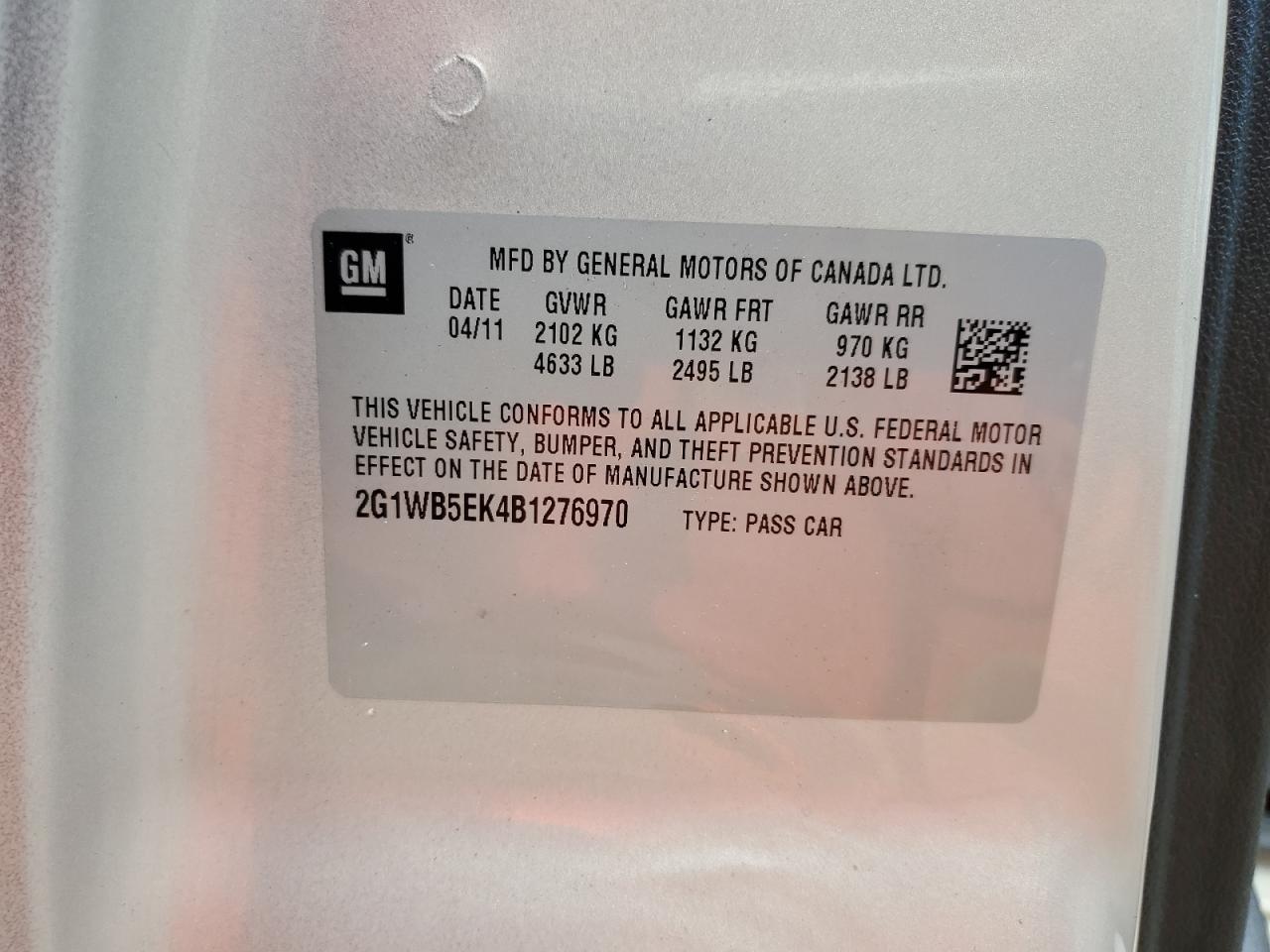 2G1WB5EK4B1276970 2011 Chevrolet Impala Lt