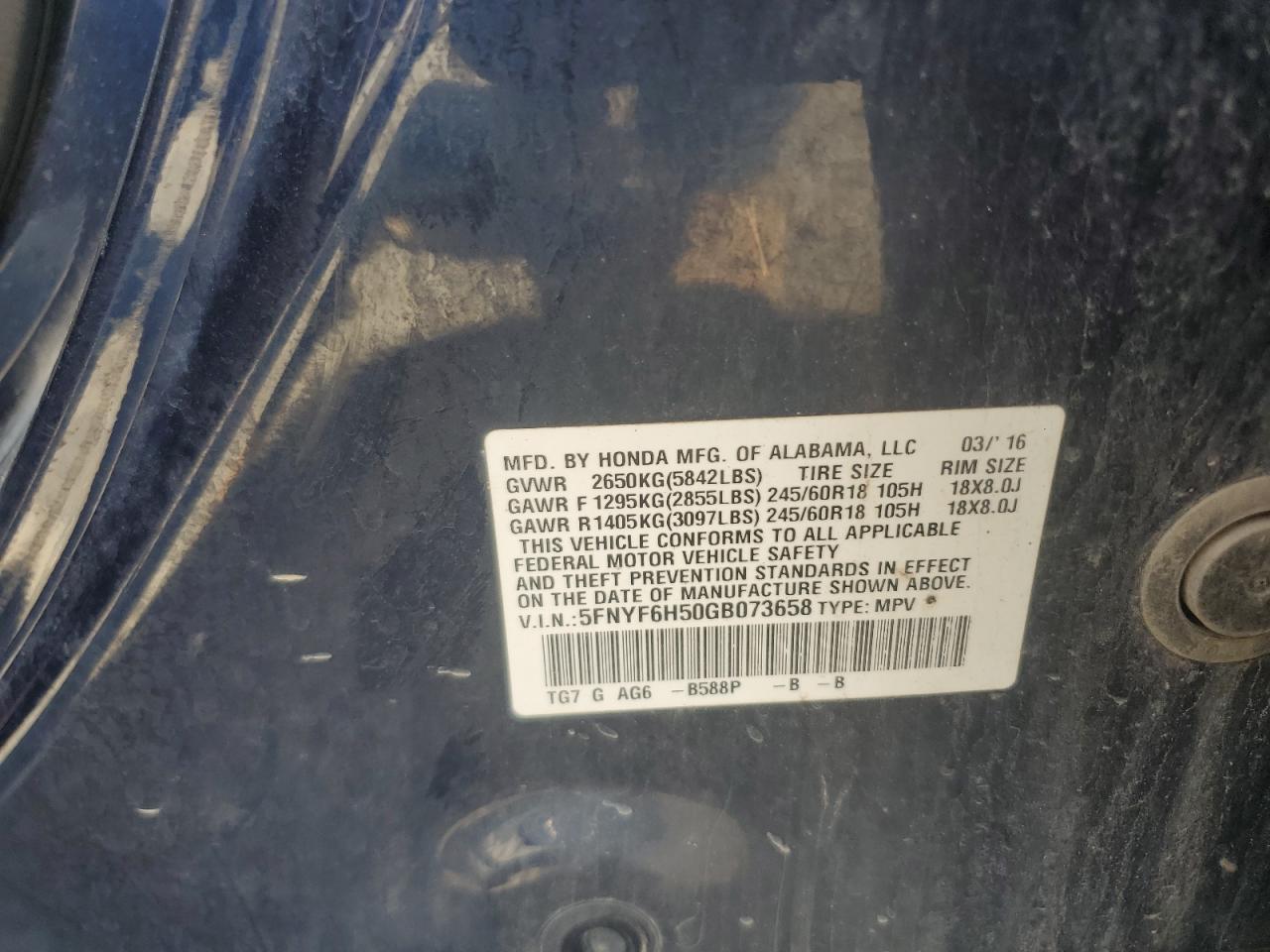 5FNYF6H50GB073658 2016 Honda Pilot Exl