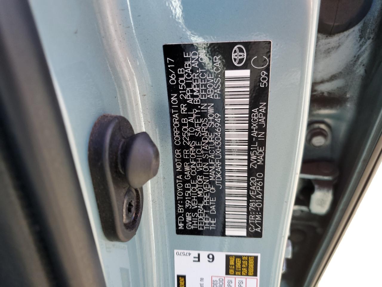 JTDKARFUXH3046949 TOYOTA PRIUS 2017