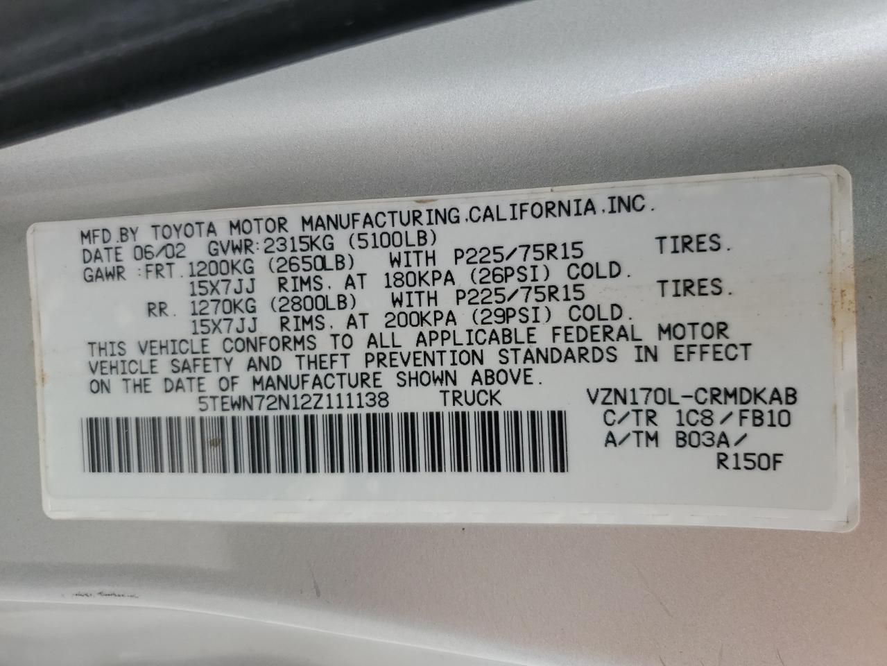 5TEWN72N12Z111138 2002 Toyota Tacoma Xtracab