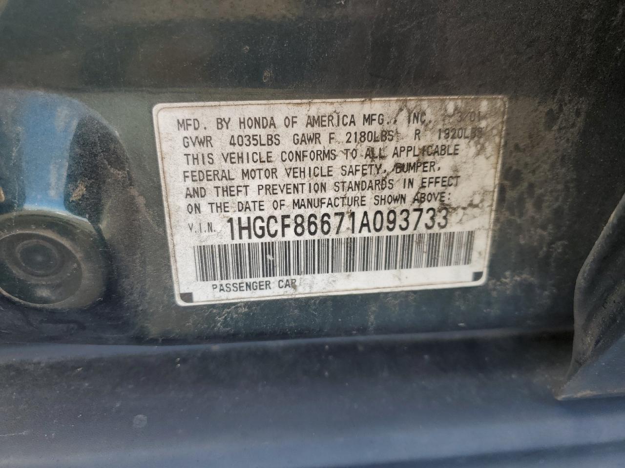 1HGCF86671A093733 2001 Honda Accord Value