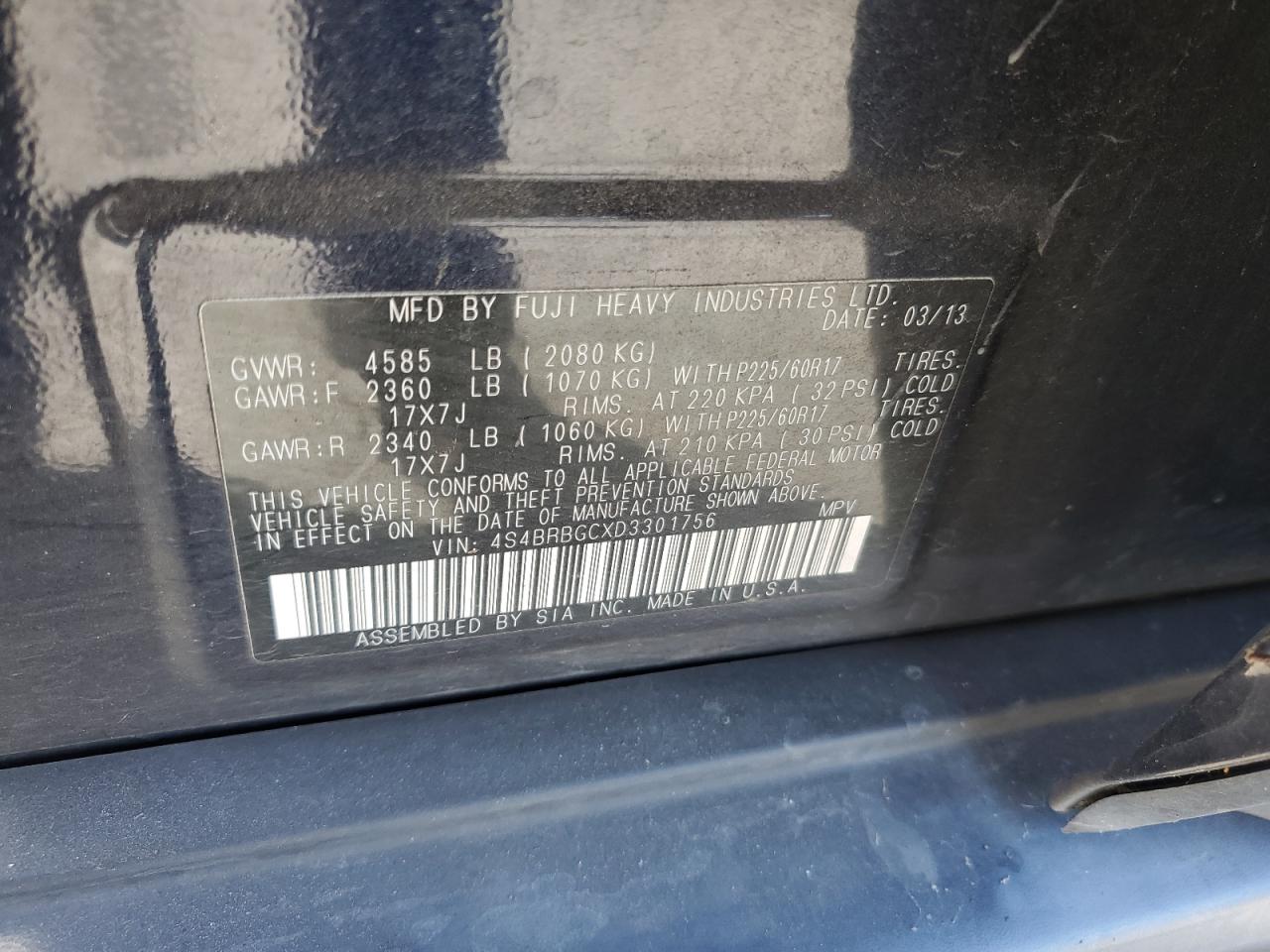 4S4BRBGCXD3301756 2013 Subaru Outback 2.5I Premium