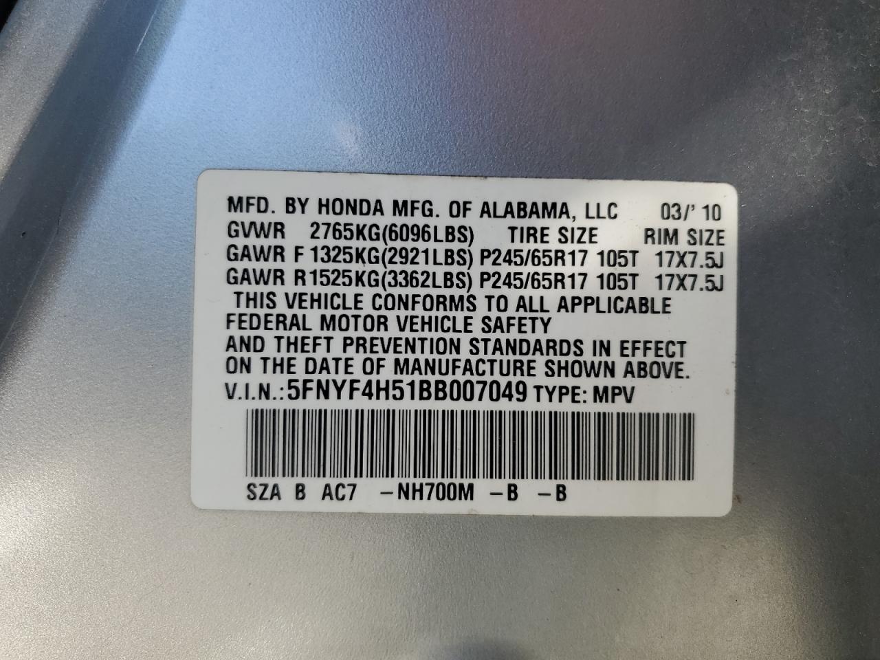 5FNYF4H51BB007049 2011 Honda Pilot Exl