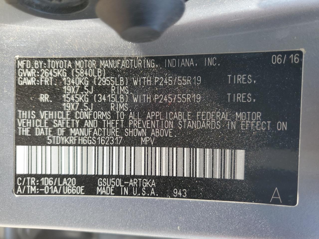 5TDYKRFH6GS162317 2016 Toyota Highlander Limited