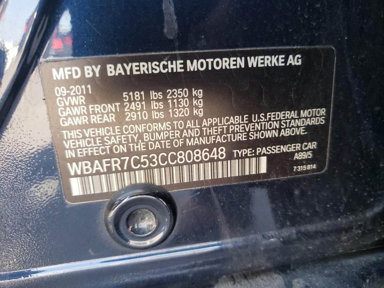 2012 BMW 535 I vin: WBAFR7C53CC808648