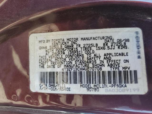1998 Toyota Sienna Le VIN: 4T3ZF13CXWU070708 Lot: 61440534