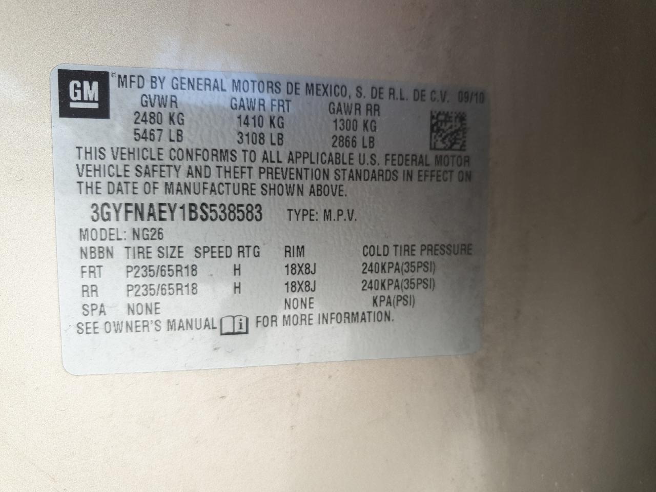 3GYFNAEY1BS538583 2011 Cadillac Srx Luxury Collection