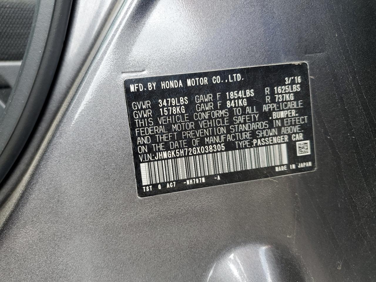 JHMGK5H72GX038305 2016 Honda Fit Ex