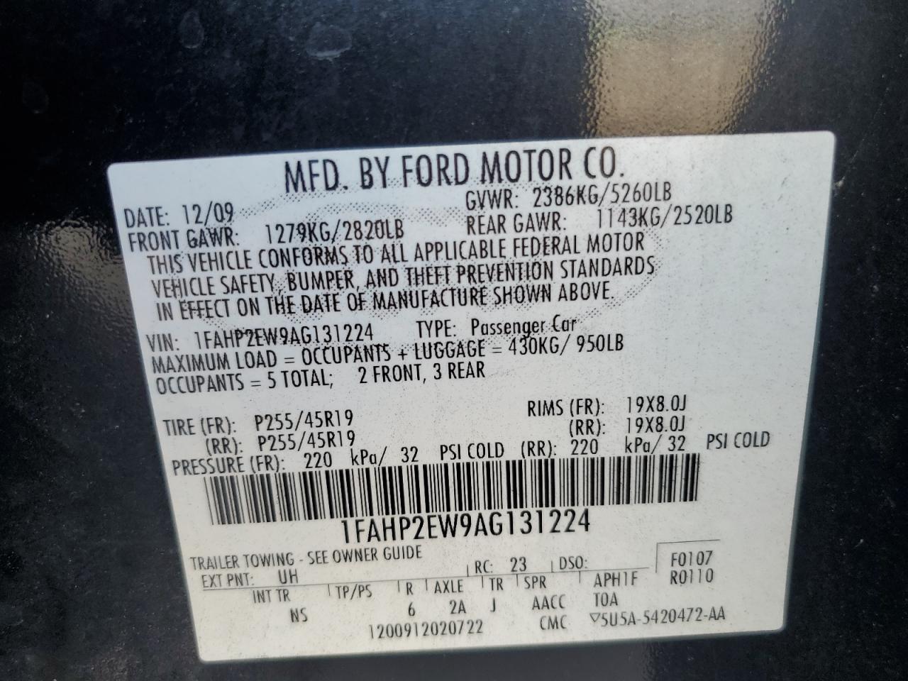 1FAHP2EW9AG131224 2010 Ford Taurus Sel