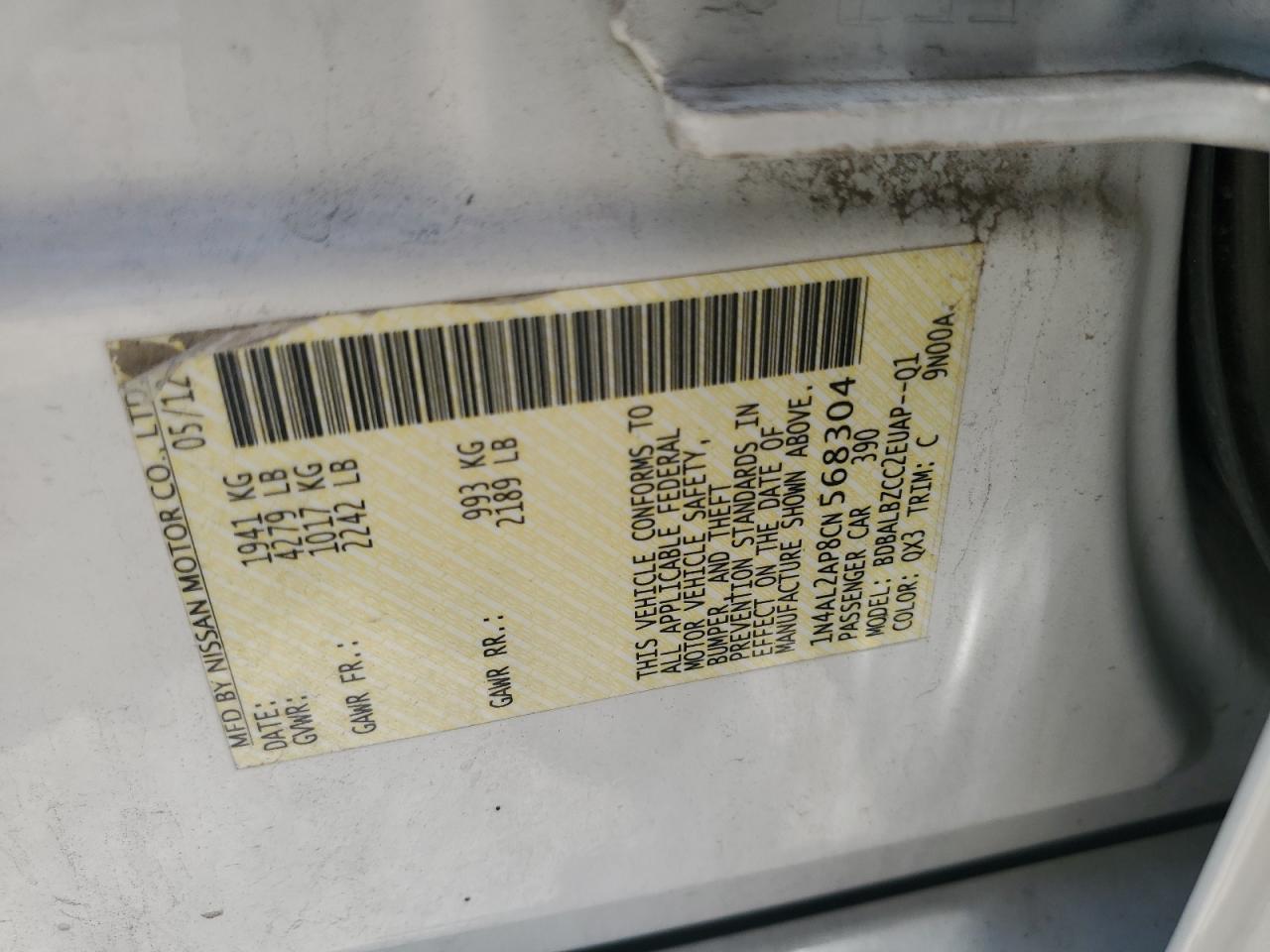 2012 Nissan Altima Base vin: 1N4AL2AP8CN568304