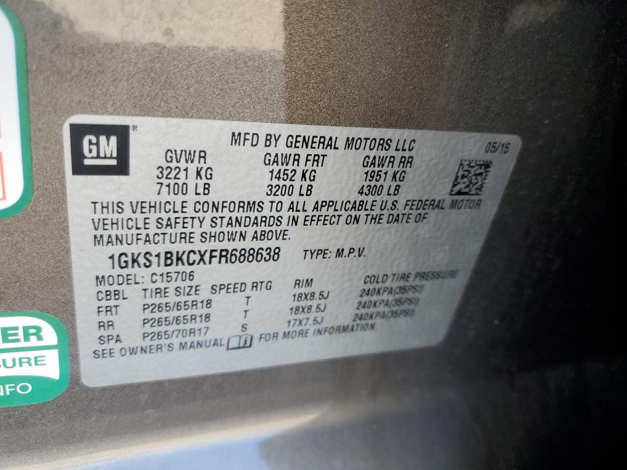 1GKS1BKCXFR688638 2015 GMC Yukon Slt