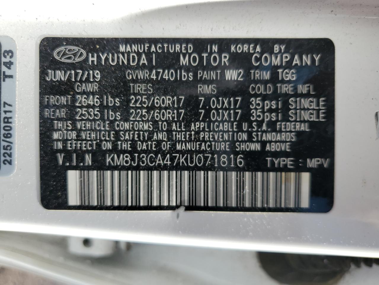 KM8J3CA47KU071816 2019 Hyundai Tucson Limited