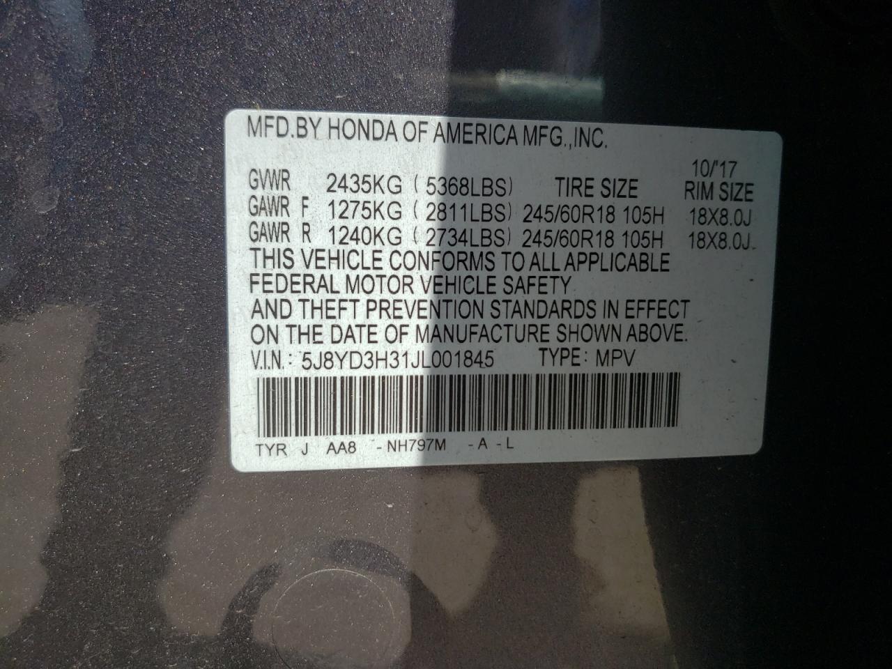 5J8YD3H31JL001845 2018 Acura Mdx