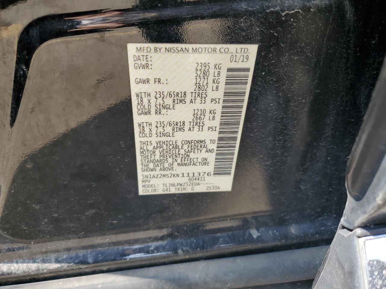 5N1AZ2MS2KN111376 2019 Nissan Murano S