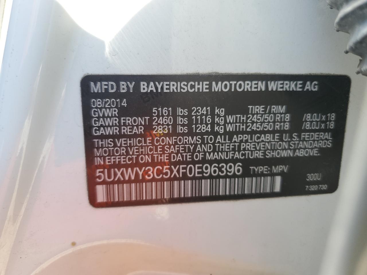 5UXWY3C5XF0E96396 2015 BMW X3 xDrive28D
