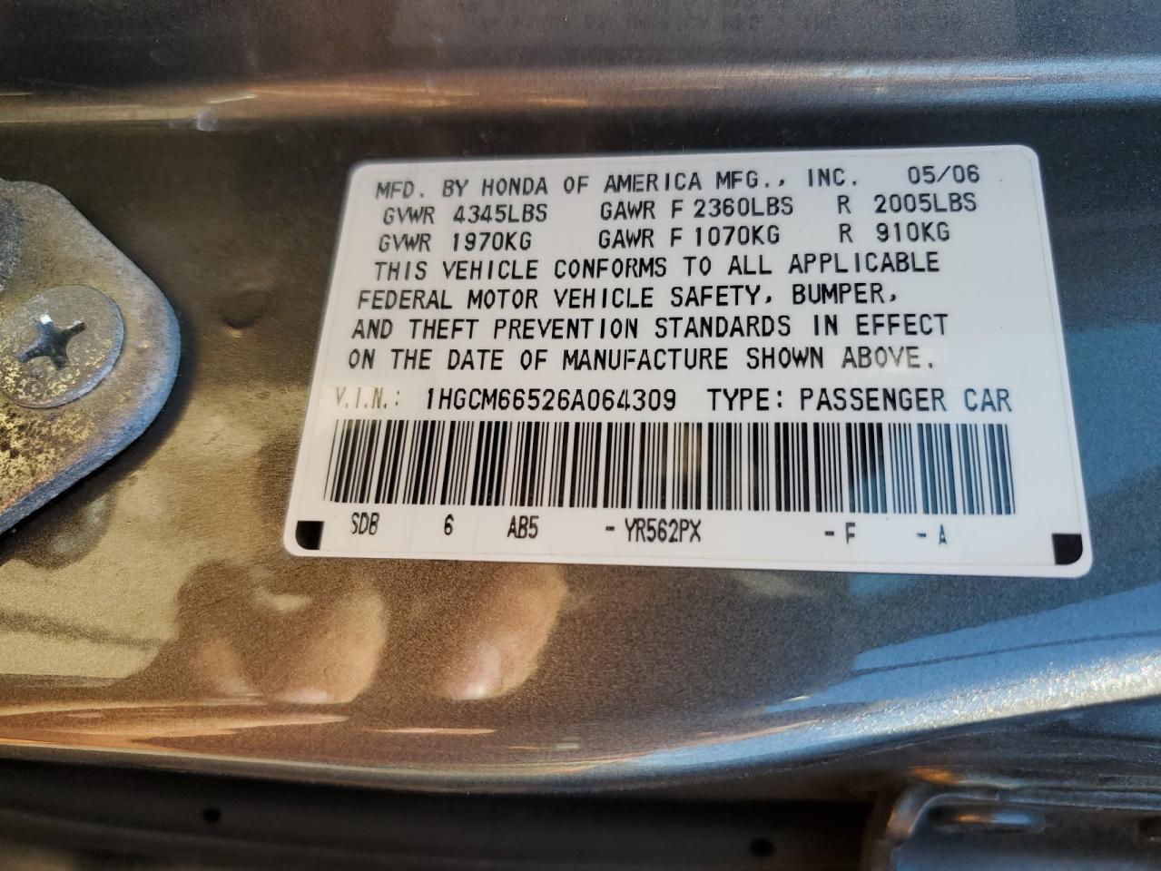1HGCM66526A064309 2006 Honda Accord Ex
