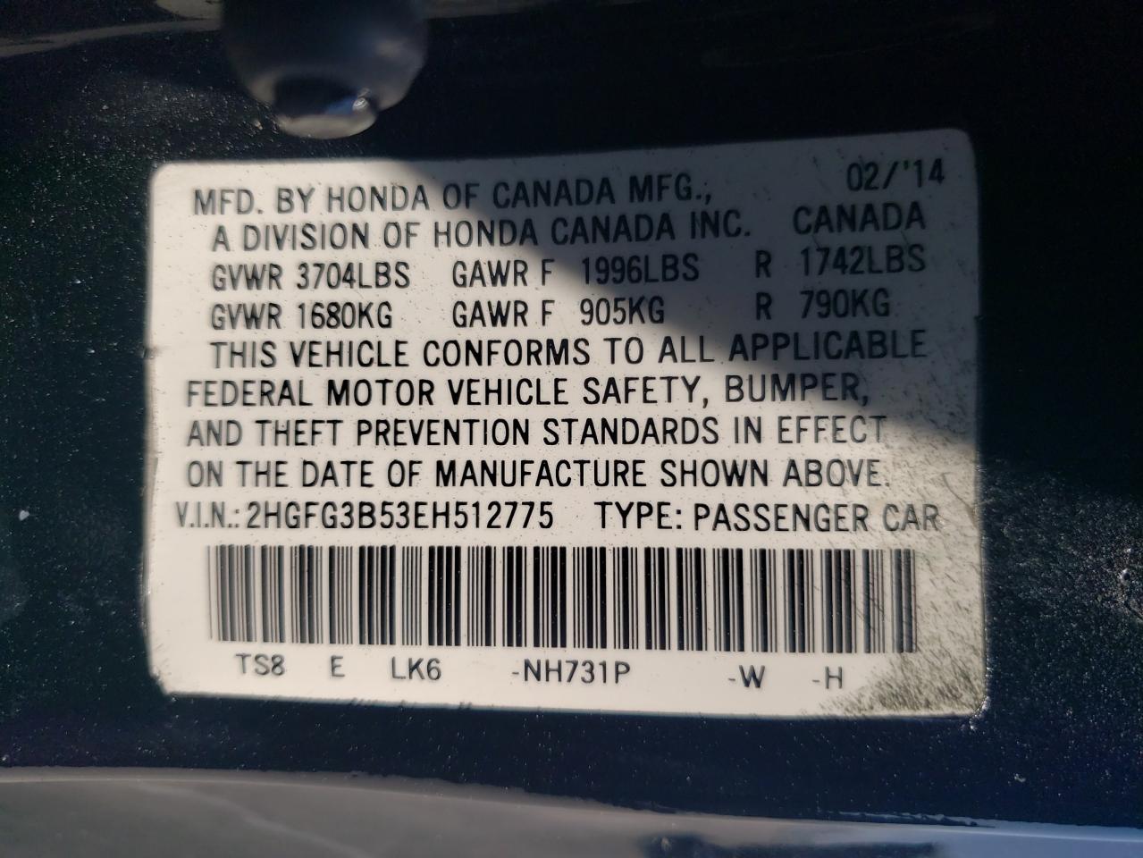 2HGFG3B53EH512775 2014 Honda Civic Lx