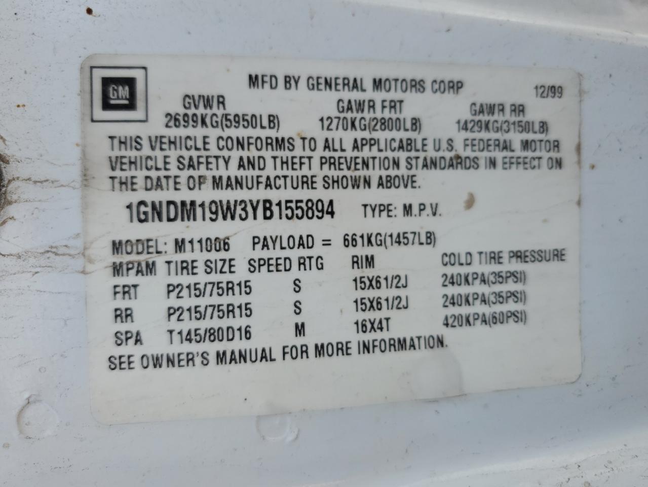 1GNDM19W3YB155894 2000 Chevrolet Astro